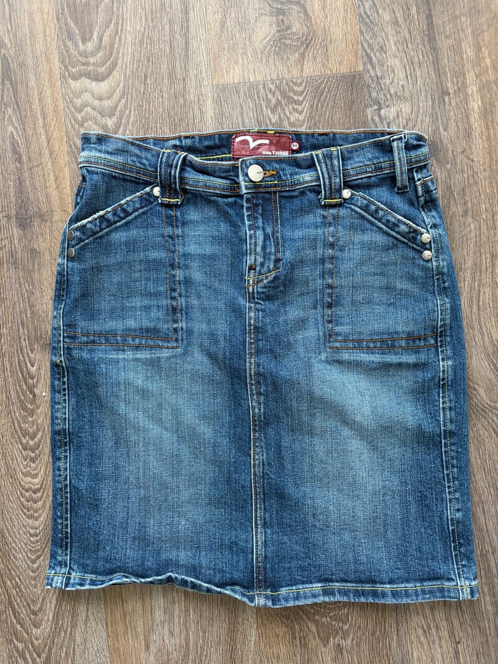 Y2K Miss Vigoss Denim Mini Skirt Jean Skirt Contrast Stitch Pocket Detail 3/4 - Picture 2 of 8